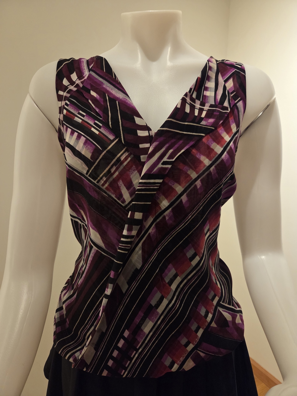 White House Black Market Purple/Black/REd/White Multi-Print Faux Wrap Tank Top